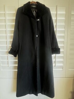 Nicole Miller Long Black Wool Coat with Faux Fur Trim Size 4
